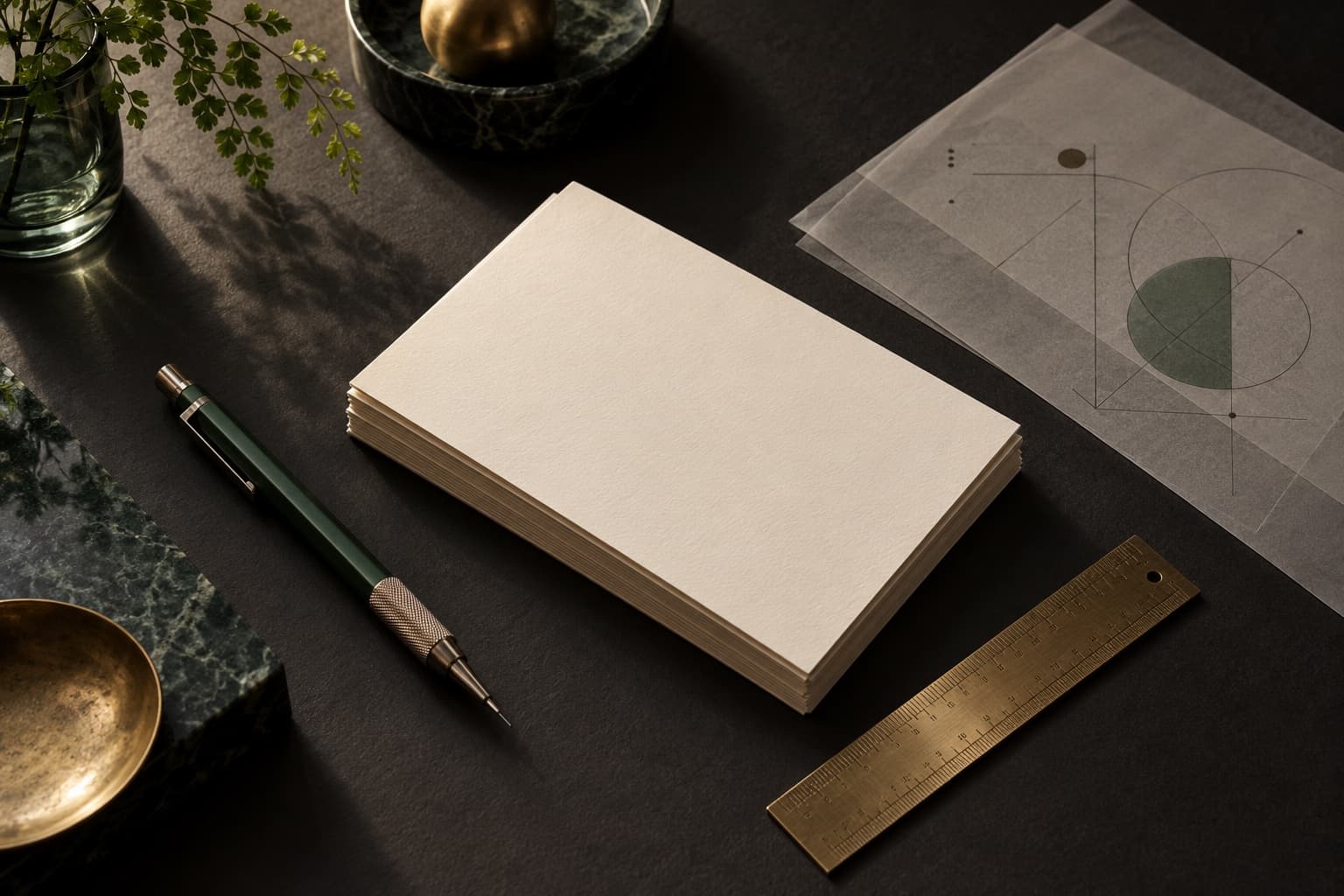 A blank cream brief, pencil, drafting overlay, and brass ruler on a dark designer's desk.