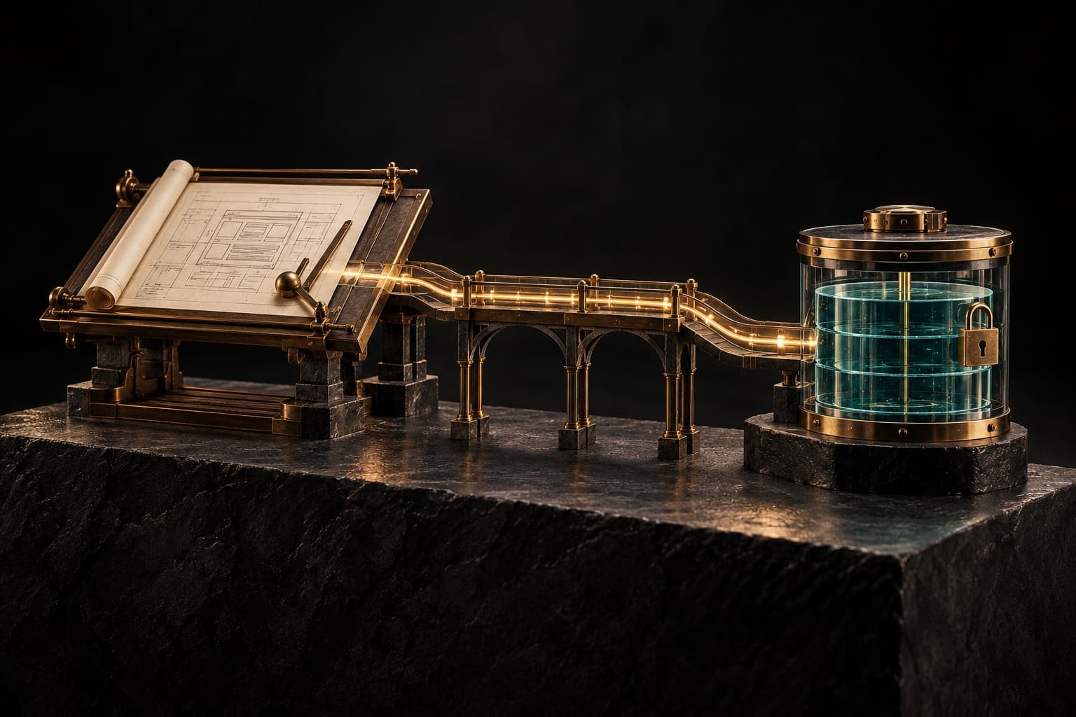 A brass bridge carries a glowing signal from a design sketch to a secure teal data vault.