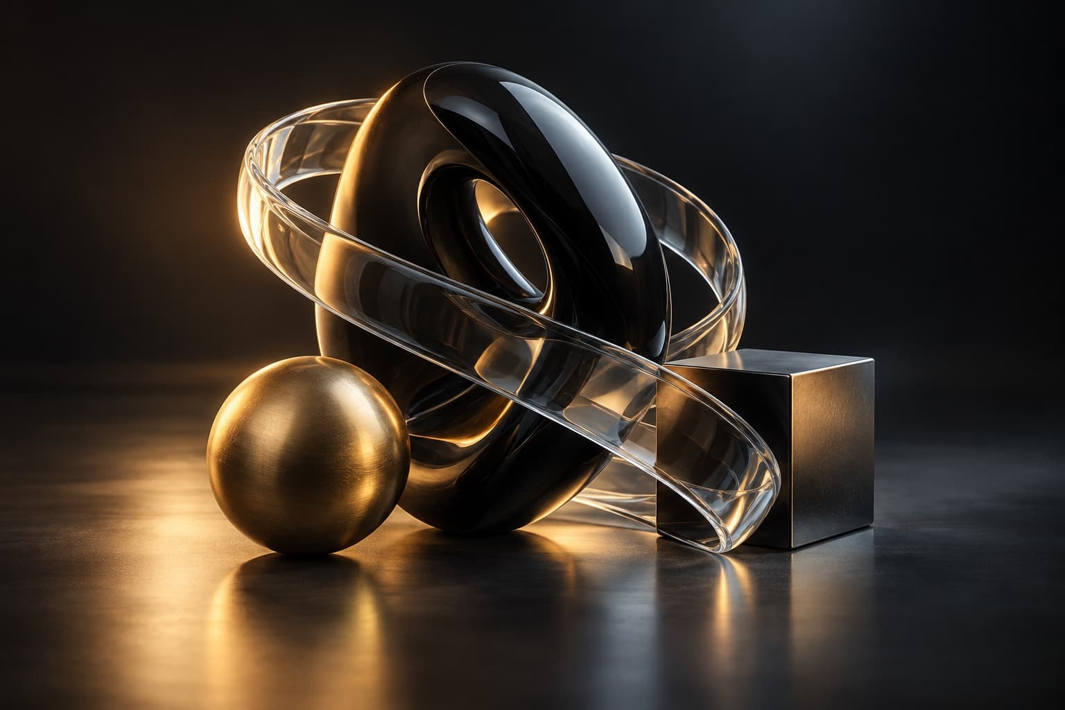 A smoked-glass ribbon and polished geometric forms in a warm-lit black 3D studio.