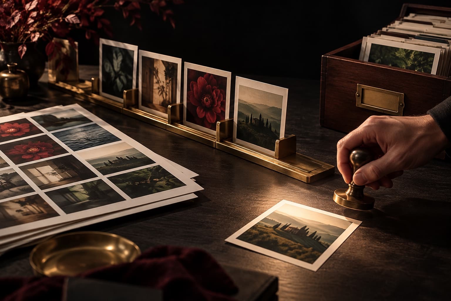 A warm editorial marketing desk organizes generated campaign frames into a human-reviewed asset pipeline.