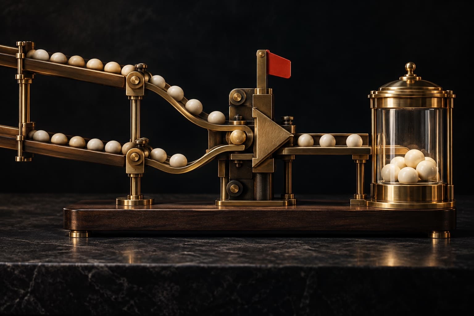 A brass automation network routes glass tokens through a safety gate with a visible human approval marker.