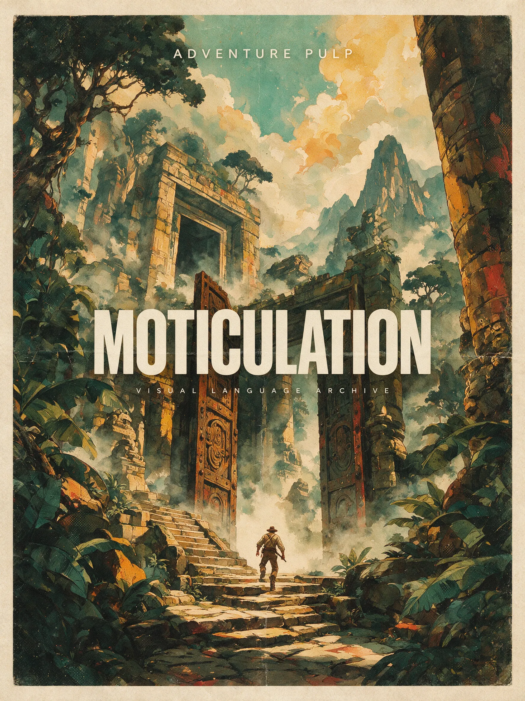 Illustrated ancient ruins in an adventure poster